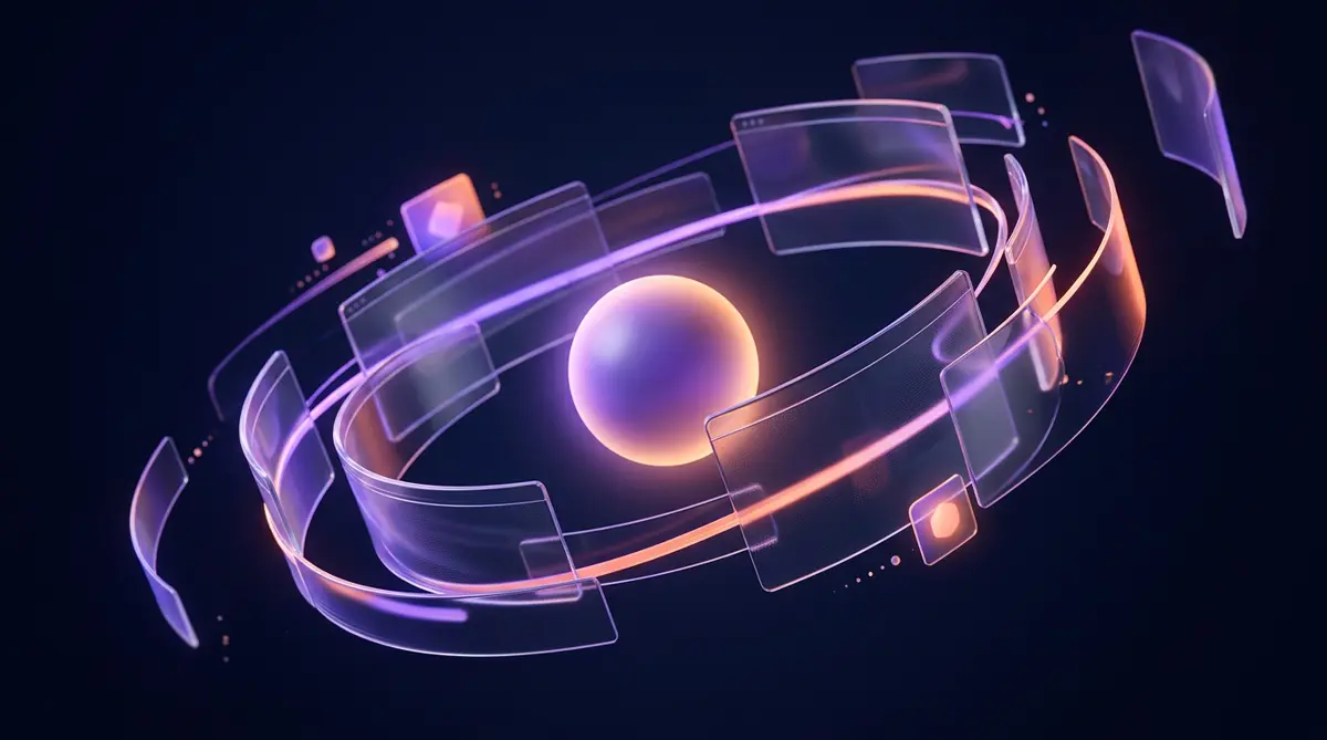Abstract glass panels orbiting a glowing sphere