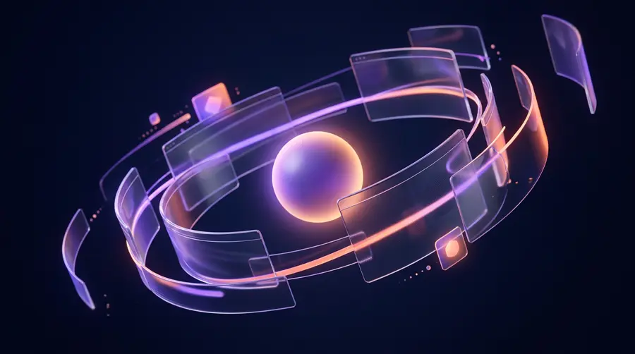 Glass website panels orbiting a glowing sphere — digital growth in motion