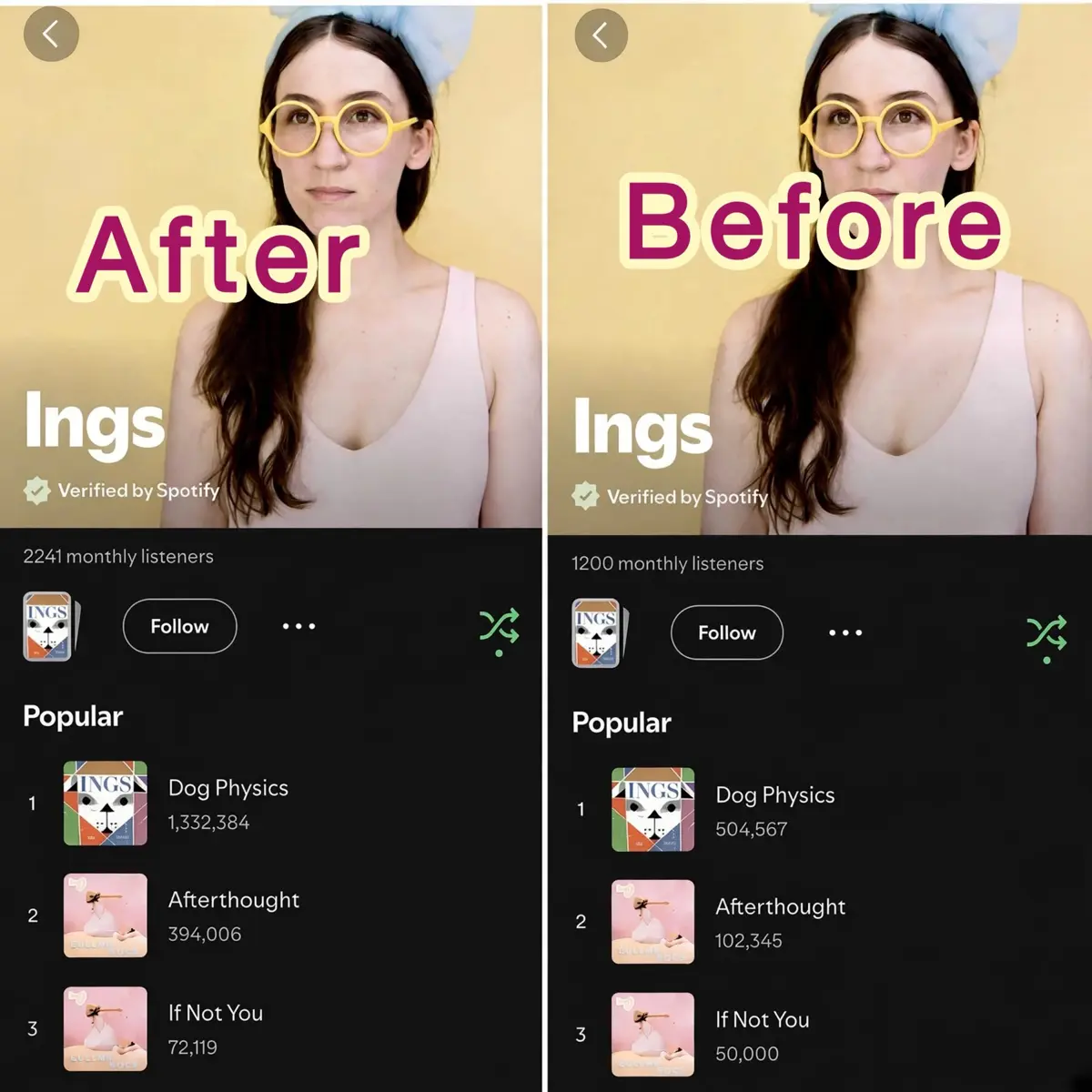 Before and after Spotify profile for Ings showing monthly listeners rising from 1,200 to 2,241
