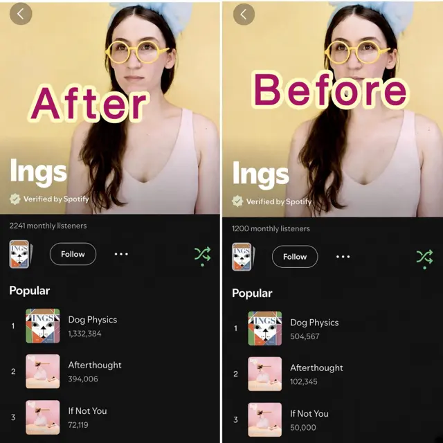 Before and after Spotify profile for Ings showing monthly listeners rising from 1,200 to 2,241