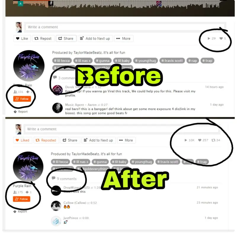 Before and after SoundCloud track page for Purple Rain showing plays rising from 29 to 10K