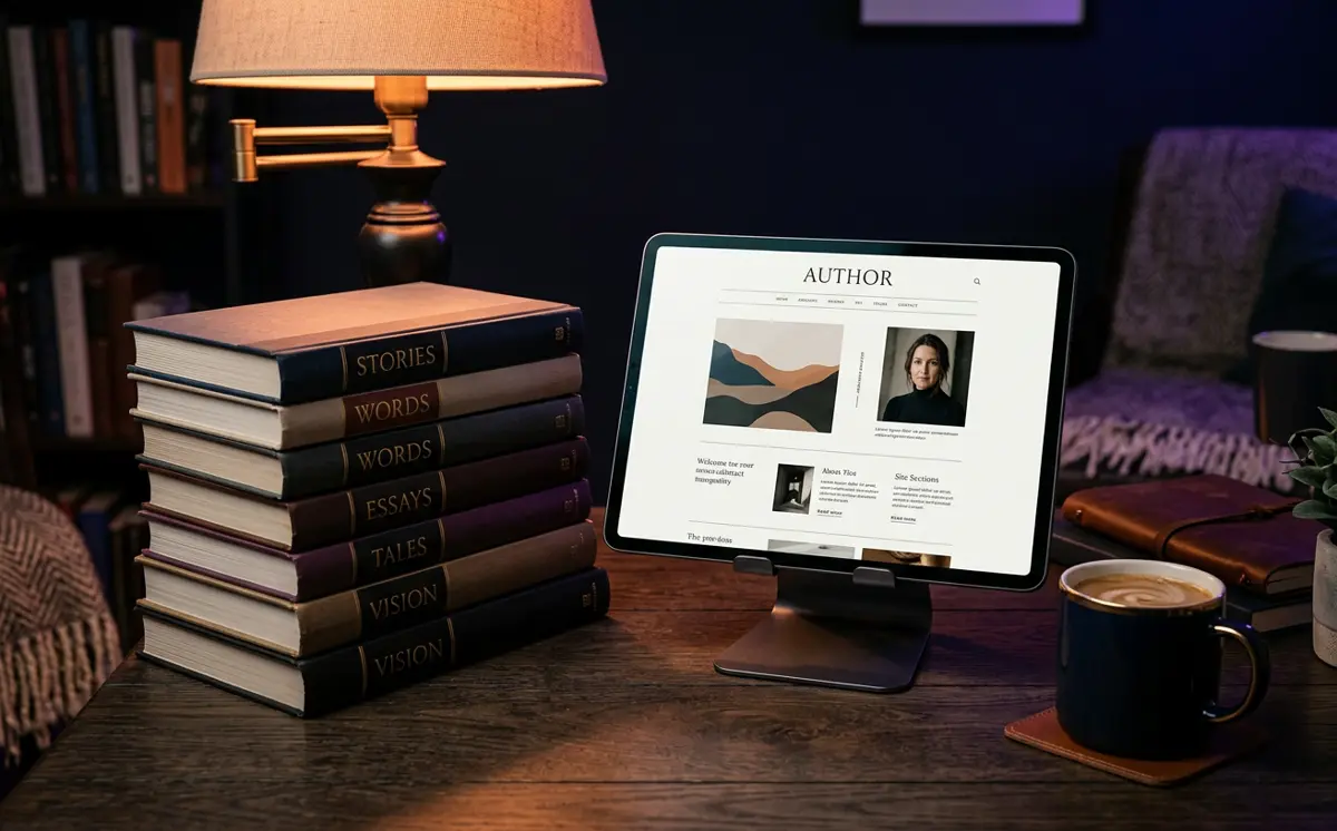 Books beside a tablet showing an author website