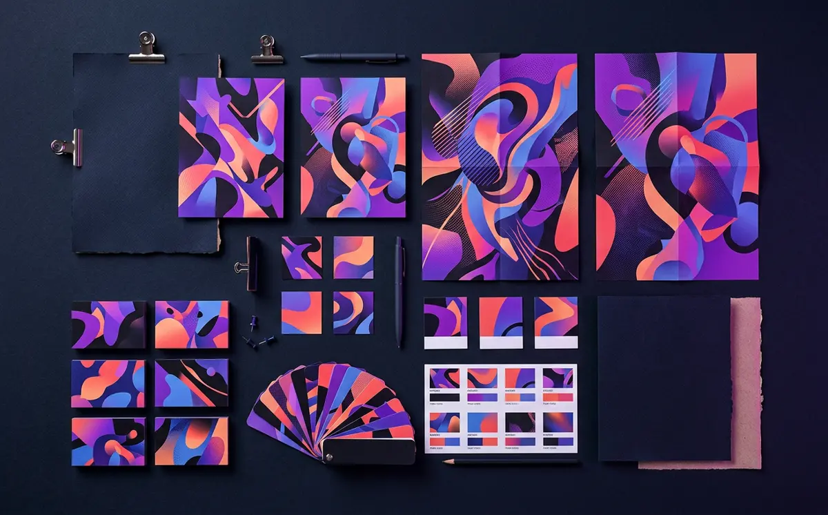 Flat-lay of business cards, swatches and posters
