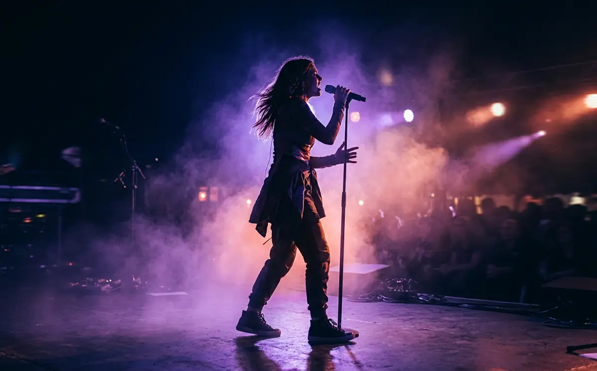 Artist performing under violet and amber stage lights
